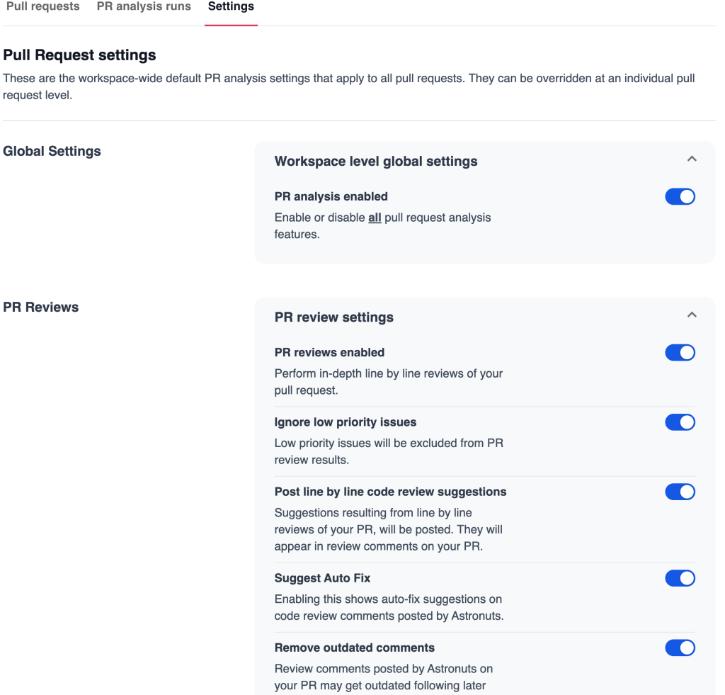 Manage PR analysis settings from your dashboard or using an astronuts.yml file.